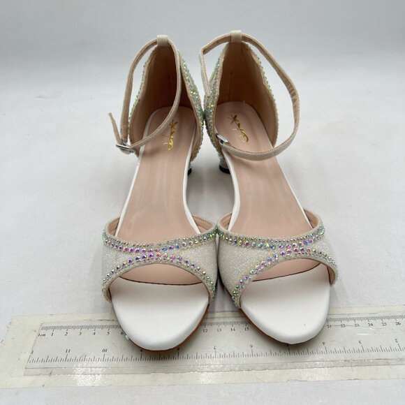 XYD White Glitter Bridal Evening Peep Toe Rhinestone Studs Block Low Heel Sandal - Picture 3 of 8